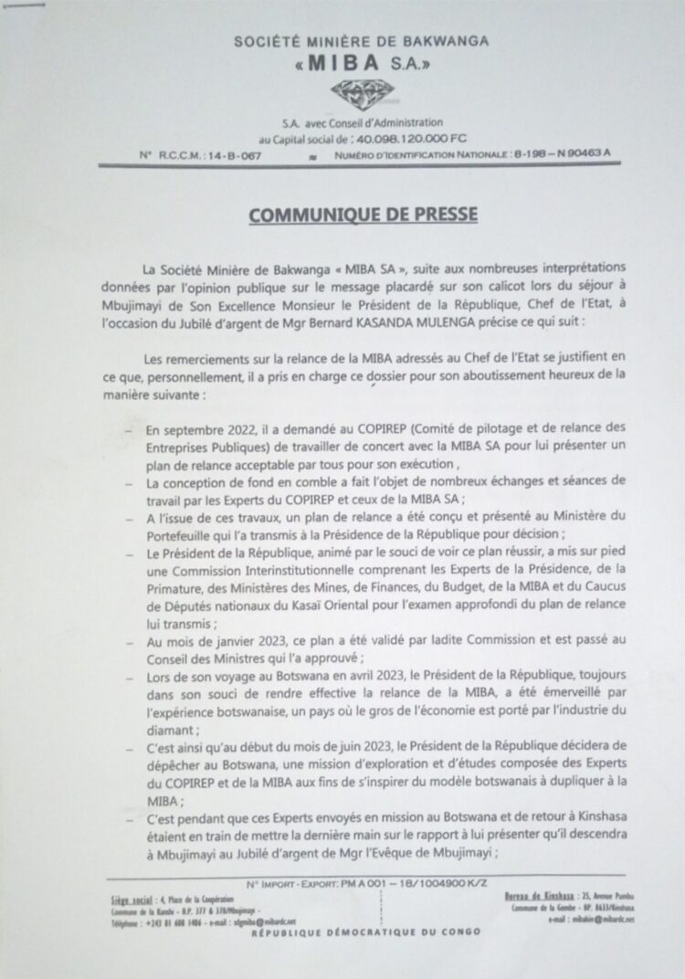 Relance de la MIBA : voici pourquoi le Directeur général ai Paulin Lukusa remercie le Chef de l&rsquo;État