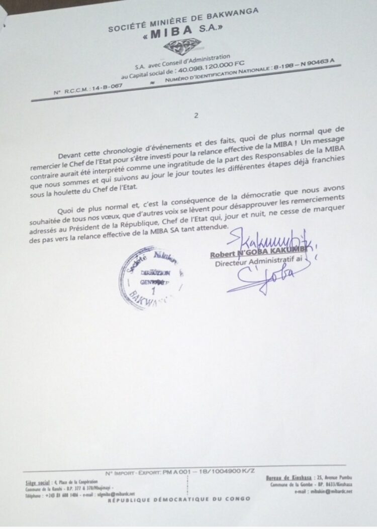 Relance de la MIBA : voici pourquoi le Directeur général ai Paulin Lukusa remercie le Chef de l&rsquo;État