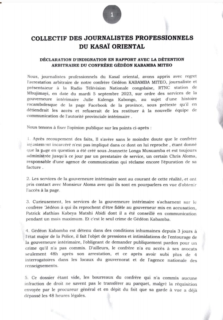 Kasaï-Oriental : les journalistes exigent la libération de leur confrère Gédéon Kabamba et dénoncent la « terreur que tentent d&rsquo;instaurer la gouverneure ai et son équipe »