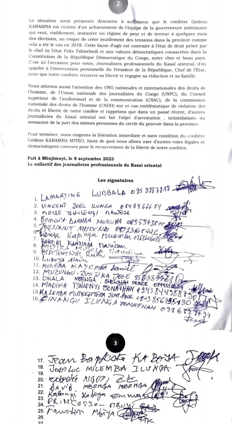 Kasaï-Oriental : les journalistes exigent la libération de leur confrère Gédéon Kabamba et dénoncent la « terreur que tentent d&rsquo;instaurer la gouverneure ai et son équipe »