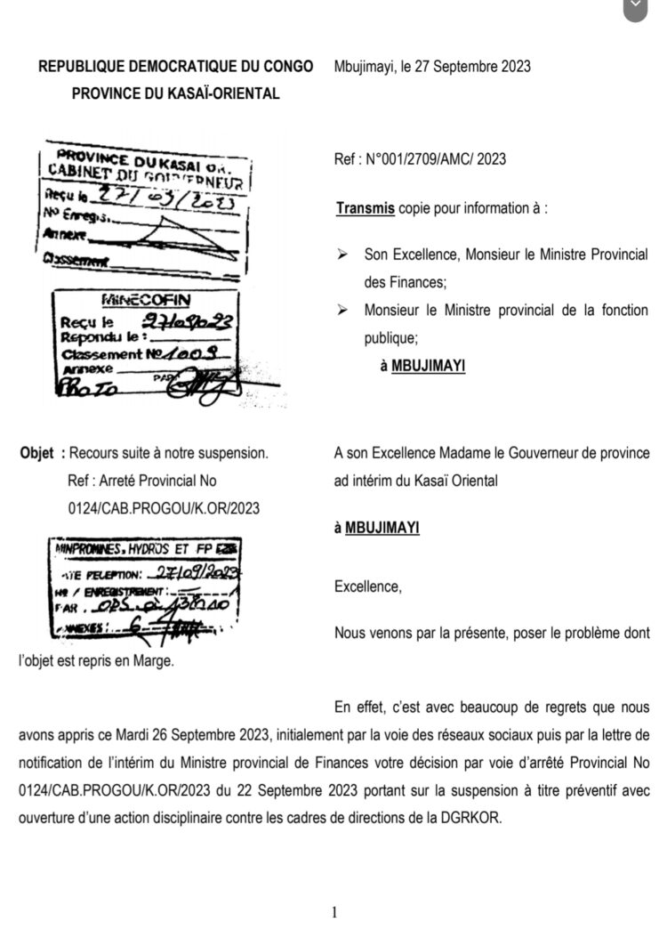 Kasaï-Oriental: suspendus par la Gouverneure intérimaire, le directeur général de la DGRKOR et ses adjoints balaient les griefs mis à leur charge dans une lettre de recours