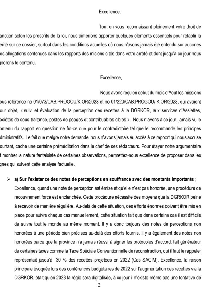 Kasaï-Oriental: suspendus par la Gouverneure intérimaire, le directeur général de la DGRKOR et ses adjoints balaient les griefs mis à leur charge dans une lettre de recours