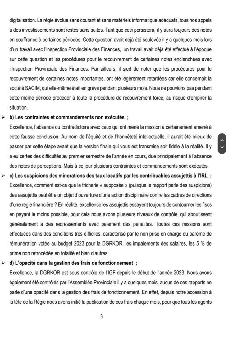 Kasaï-Oriental: suspendus par la Gouverneure intérimaire, le directeur général de la DGRKOR et ses adjoints balaient les griefs mis à leur charge dans une lettre de recours