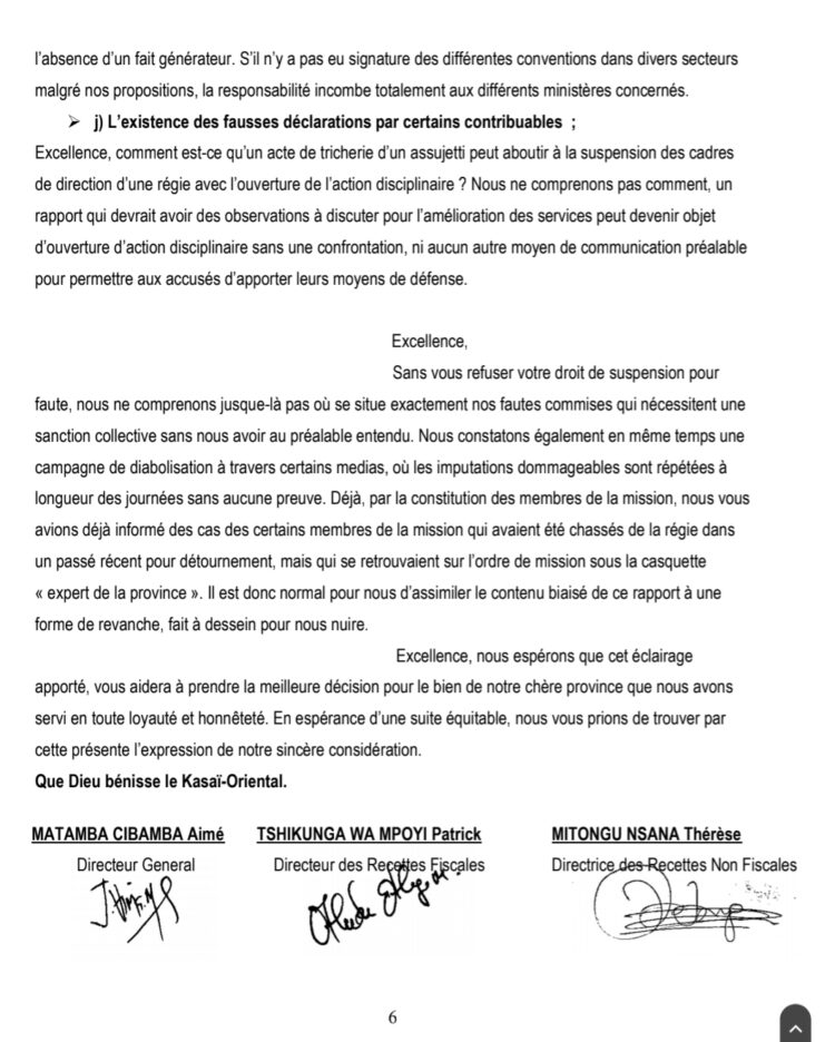 Kasaï-Oriental: suspendus par la Gouverneure intérimaire, le directeur général de la DGRKOR et ses adjoints balaient les griefs mis à leur charge dans une lettre de recours