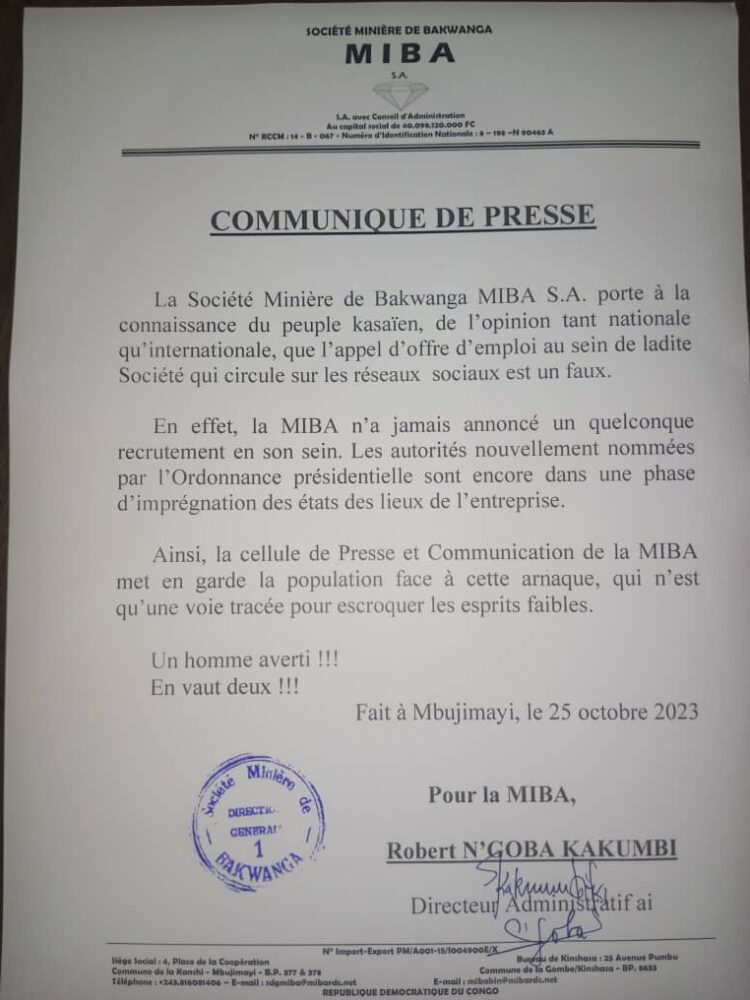 Mbujimayi:  la MIBA ne recrute pas, le document qui circule dans les réseaux sociaux est faux (communiqué)