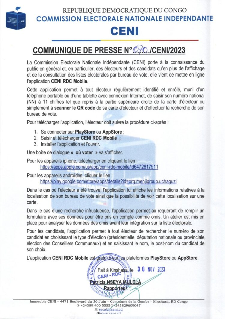 Élections 2023 : la CENI lance une application mobile permettant aux électeurs de consulter leurs bureaux de vote