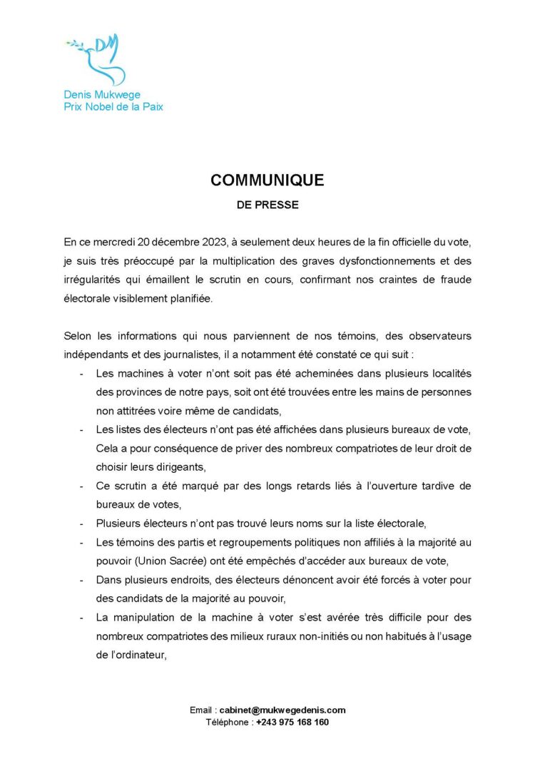 RDC : Dénis Mukwege s&rsquo;oppose à la prorogation du délai de vote par la CENI