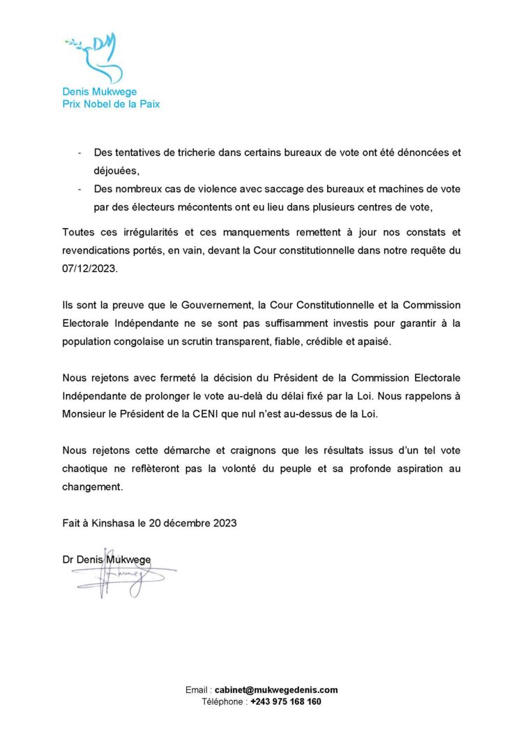 RDC : Dénis Mukwege s&rsquo;oppose à la prorogation du délai de vote par la CENI