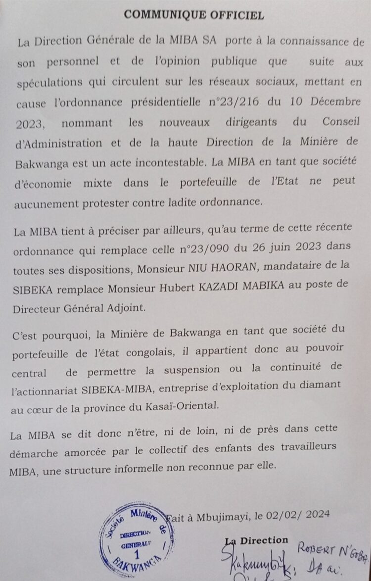 Kasaï-Oriental: la MIBA prend acte de la nomination d&rsquo;un mandataire de la SIBEKA au sein de son conseil d&rsquo;administration par le chef de l&rsquo;État