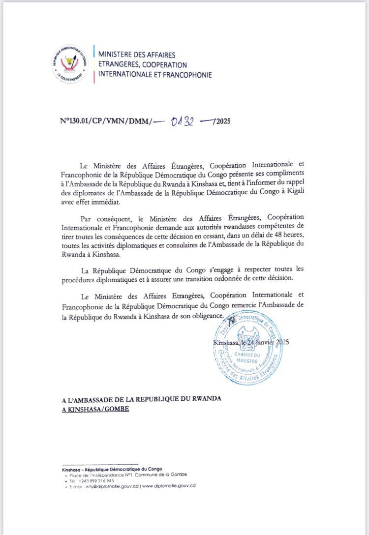 Guerre à l&rsquo;Est : La RDC donne 48h au Rwanda pour évacuer son personnel diplomatique en poste à Kinshasa