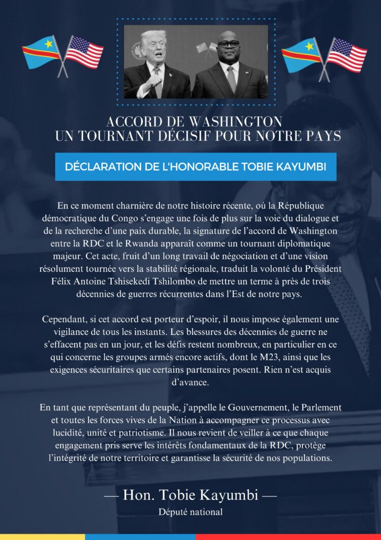 Accords de Washington : Tobie Kayumbi salue la diplomatie du Président Tshisekedi mais appelle à la vigilance